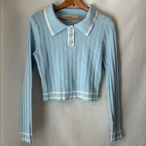 Lizette Collection Icy Blue White sz M Cropped Sweater Preppy Rhinestone Pearl